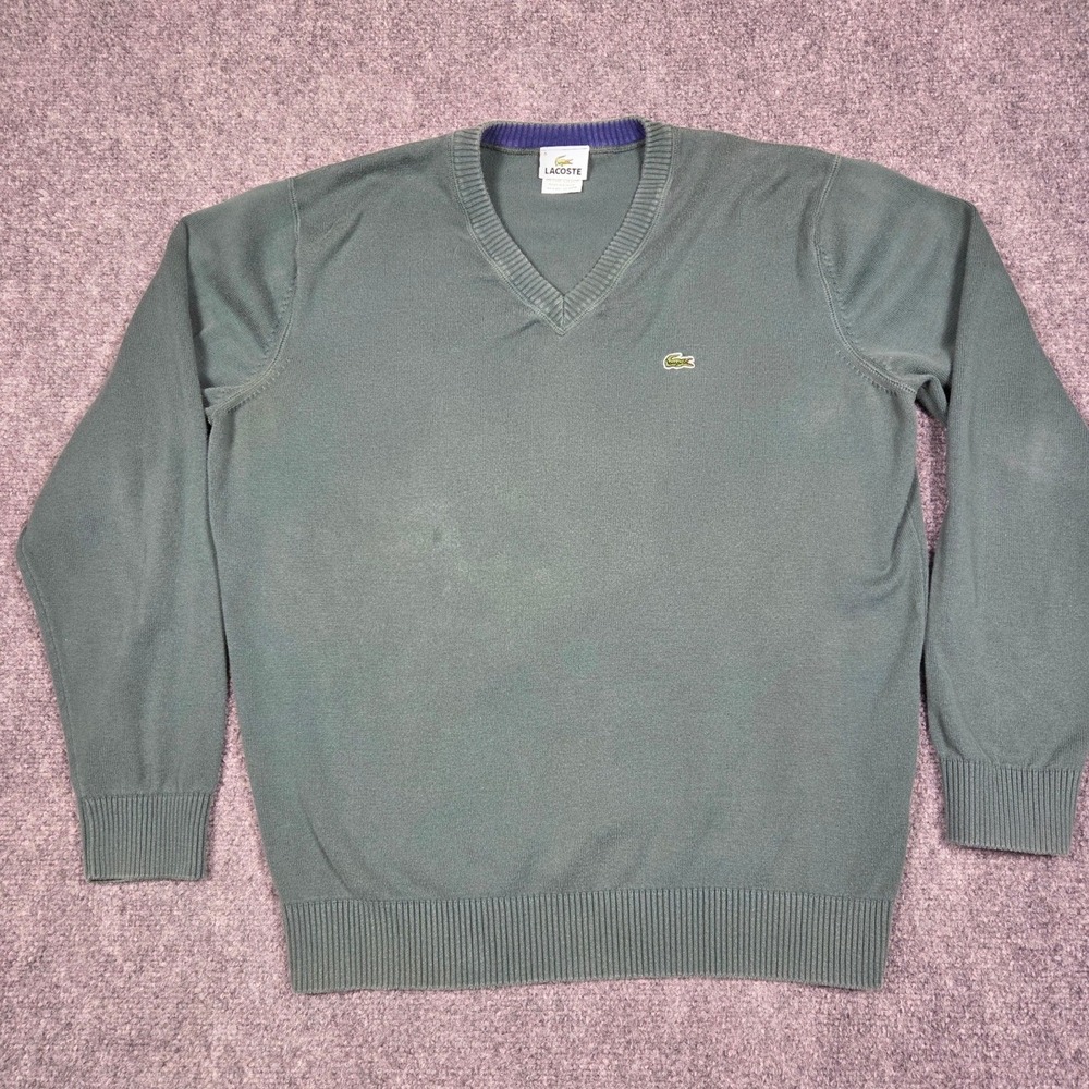 Lacoste V-Neck Sweater Mens 5 Green 100% Cotton Long Sleeve Knit Pullover